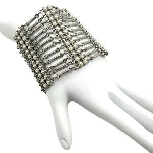 Bracelet Open Bar Links Seed Bead Panels Wide Cuff Clasp Statement Boho Vintage